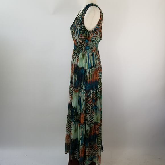 Chris McLaughlin Teal Rust Green Boho Vintage Overlay Maxi Dress Pleated Size 4 - Picture 2 of 6